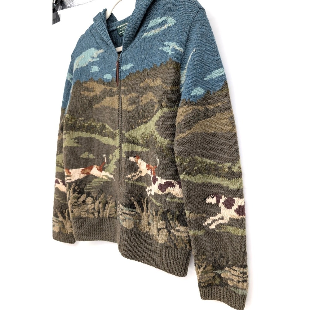 VTG‎ Ralph Lauren Hand Knit Wool Hunting Dog Zip Hooded Sweater SP Heritage Prep - Picture 7 of 15